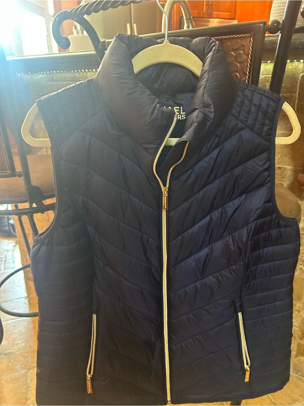 Michael Kors Navy Quilted Puffer Vest with Gold Trim